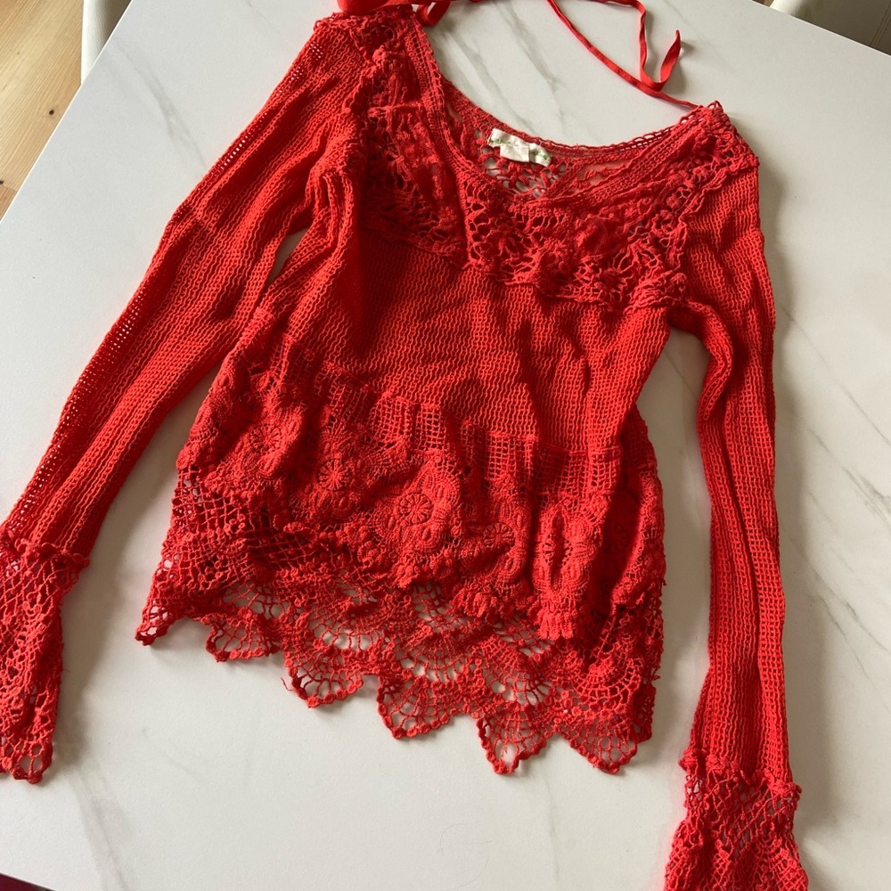 Red Lace Knit Women's Top